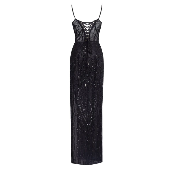 Milla Astonishing sequined maxi gown on spaghetti straps, view 3