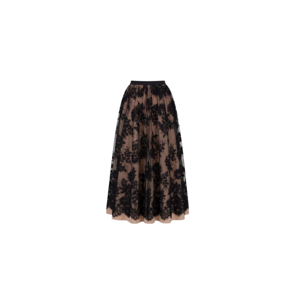 Milla Beige A-line midi skirt with Chantilly lace