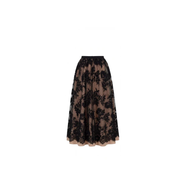 Milla Beige A-line midi skirt with Chantilly lace, view 3