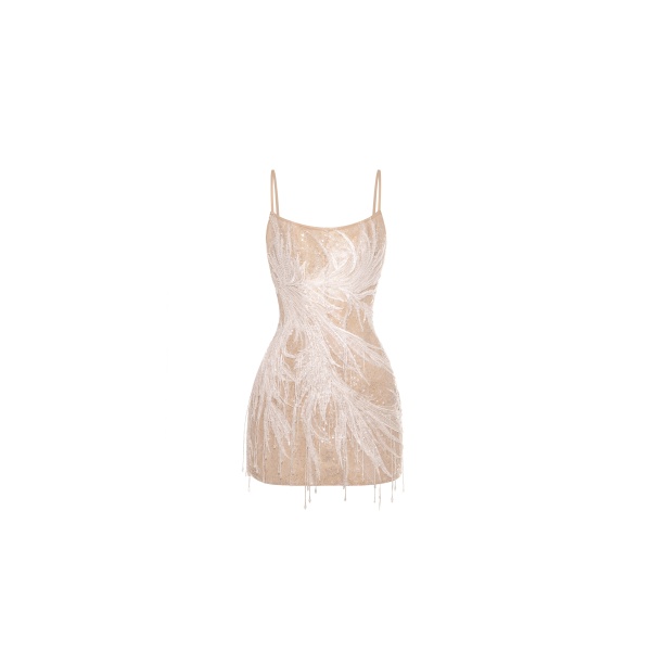 Milla Beige lace corset mini dress embellished with sequins and fringes
