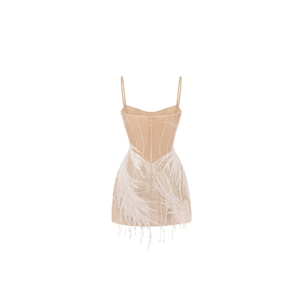 Milla Beige lace corset mini dress embellished with sequins and fringes, view 3