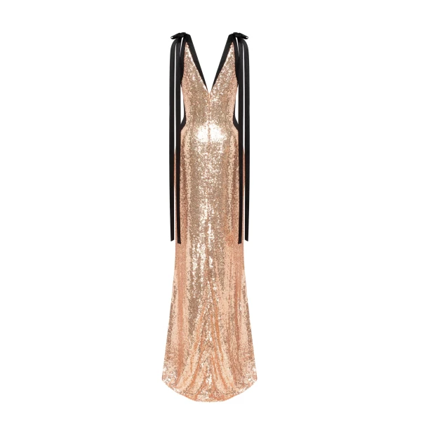 Milla Bizzare fully sequined tie-straps gold maxi dress, Smoky Quartz, view 3