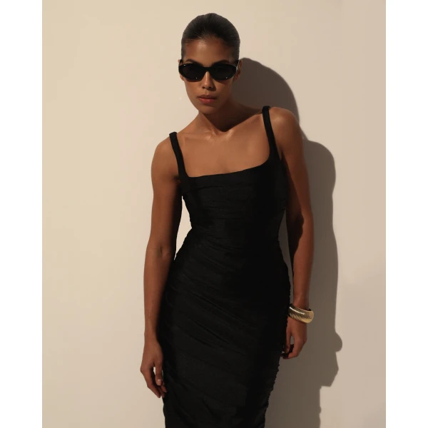 Milla Black Draped Midi Dress, view 4