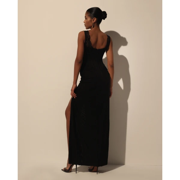 Milla Black Maxi Dress with Corset Bodice and Slit, view 2