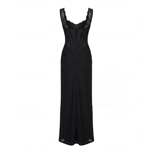 Milla Black Maxi Dress with Corset Bodice and Slit, view 3