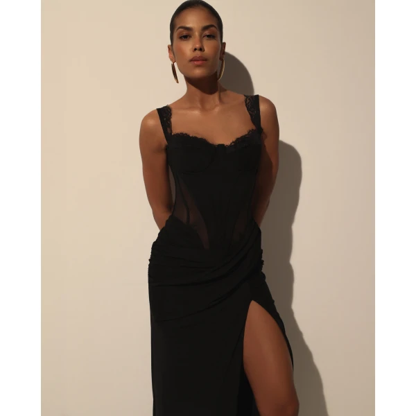 Milla Black Maxi Dress with Corset Bodice and Slit, view 4
