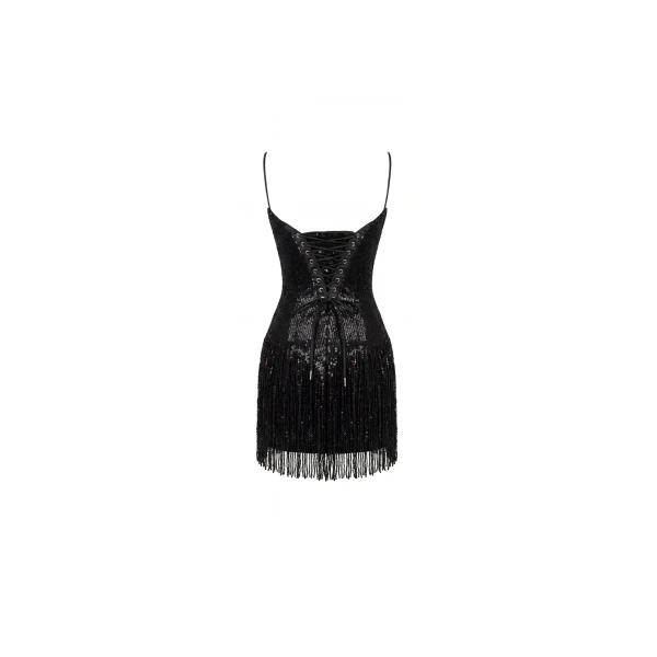 Milla Black Mini Dress with Fringe and Sequins, view 3
