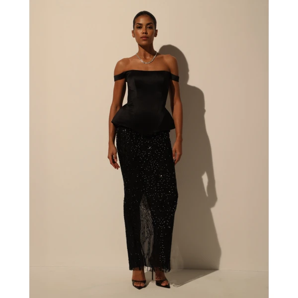 Milla Black Satin Corset with Off-the-Shoulder Straps Top, view 4