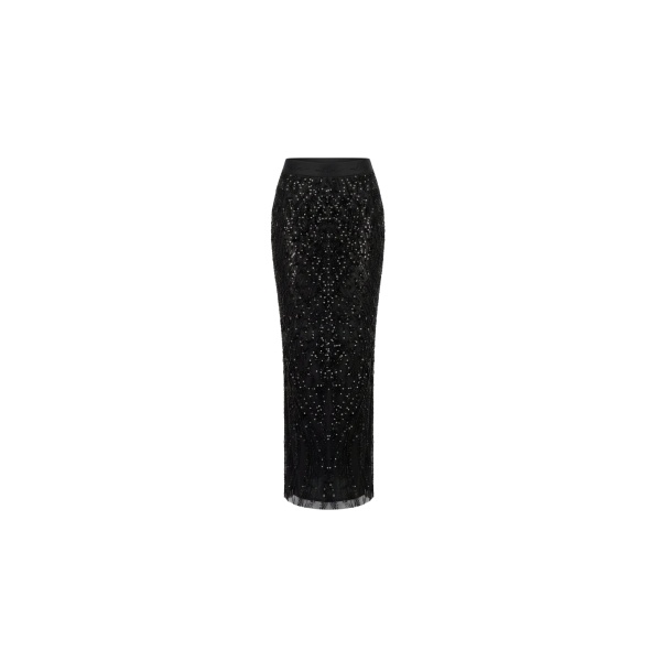 Milla Black semi-sheer embroidered lace maxi skirt