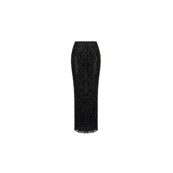Milla Black semi-sheer embroidered lace maxi skirt