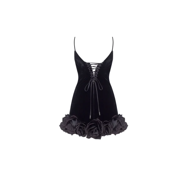 Milla Black velvet mini dress with 3D flowers, view 3