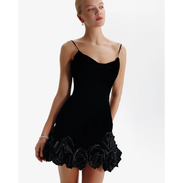 Milla Black velvet mini dress with 3D flowers, view 4