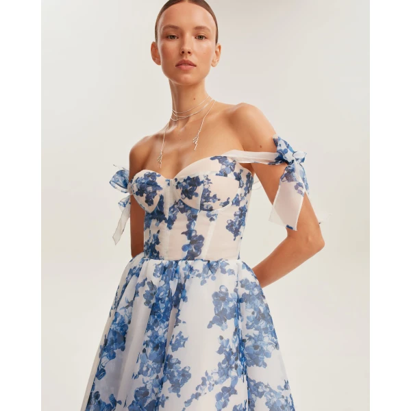 Milla Charming blue hydrangea-patterned organza midi dress, Garden of Eden, view 4