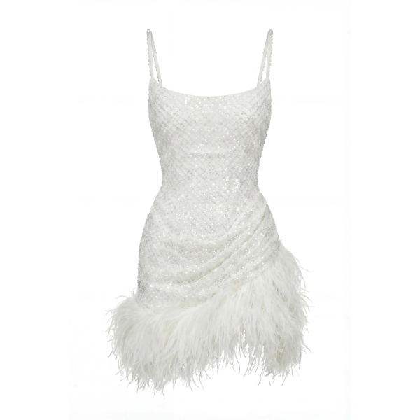 Milla Corset Mini Ivory Dress with Pearls and Feathers