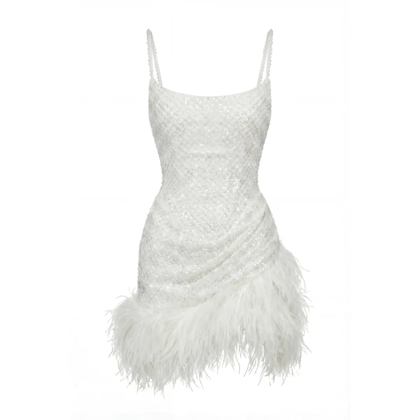 Milla Corset Mini Ivory Dress with Pearls and Feathers