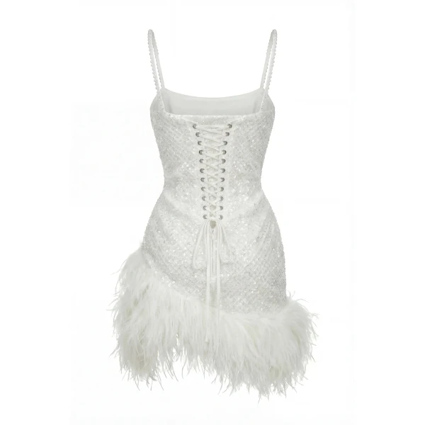 Milla Corset Mini Ivory Dress with Pearls and Feathers, view 3