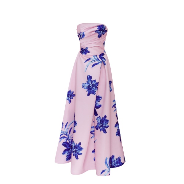 Milla Dainty pink A-line maxi dress with blue-flowered pattern, Glow-Up