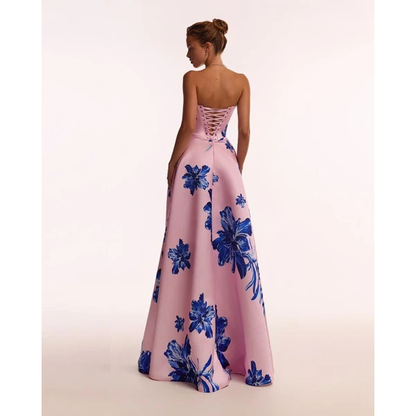 Milla Dainty pink A-line maxi dress with blue-flowered pattern, Glow-Up, view 2