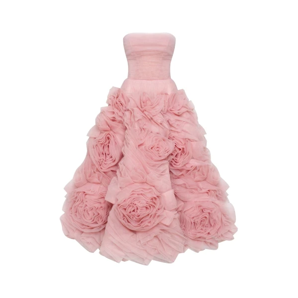 Milla Dramatically flowered tulle dress in misty pink
