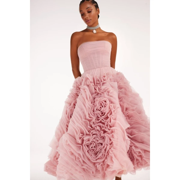 Milla Dramatically flowered tulle dress in misty pink, view 4