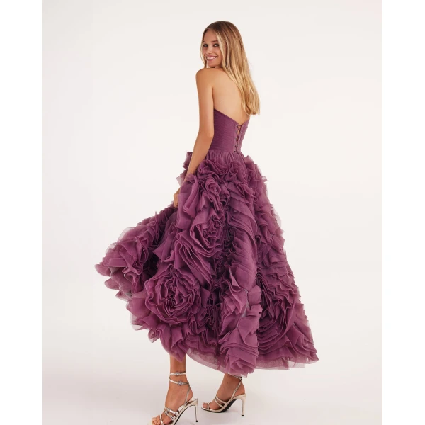 Milla Dramatically flowered tulle dress in wine color, view 2