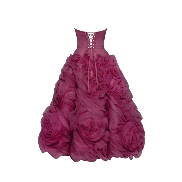 Milla Dramatically flowered tulle dress in wine color, view 3