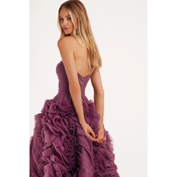 Milla Dramatically flowered tulle dress in wine color, view 4