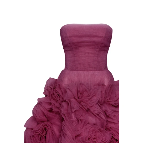 Milla Dramatically flowered tulle dress in wine color, view 5