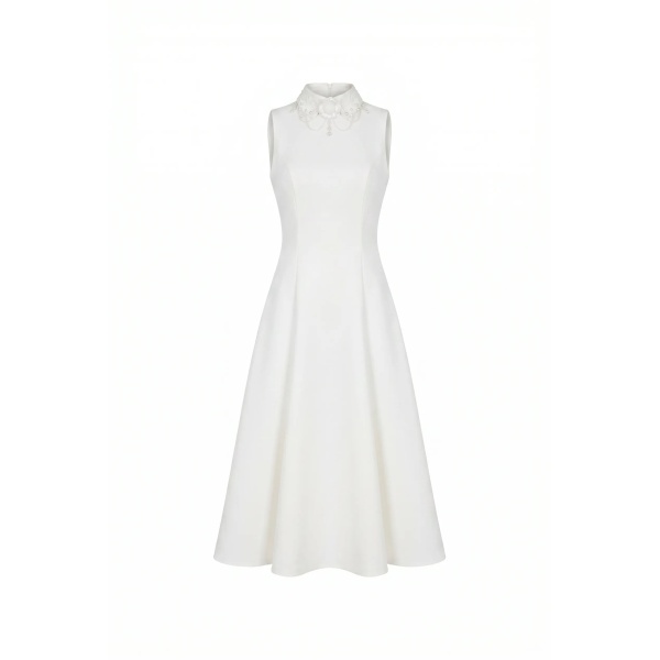 Milla Elegant white midi dress with a high neckline