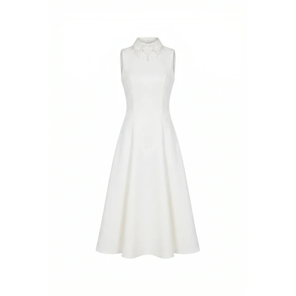Milla Elegant white midi dress with a high neckline