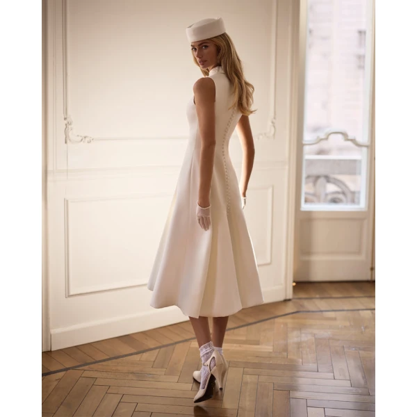 Milla Elegant white midi dress with a high neckline, view 2