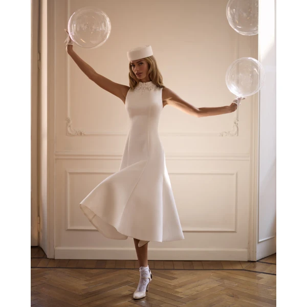 Milla Elegant white midi dress with a high neckline, view 4