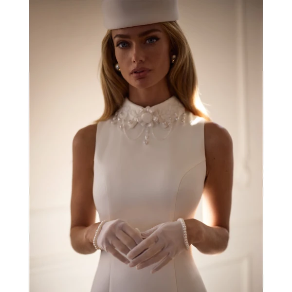Milla Elegant white midi dress with a high neckline, view 5