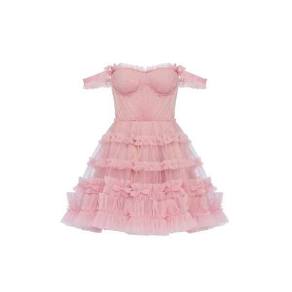 Milla Flirty ruffled tulle mini dress in misty rose, Glow-Up