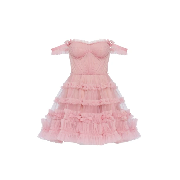 Milla Flirty ruffled tulle mini dress in misty rose, Glow-Up