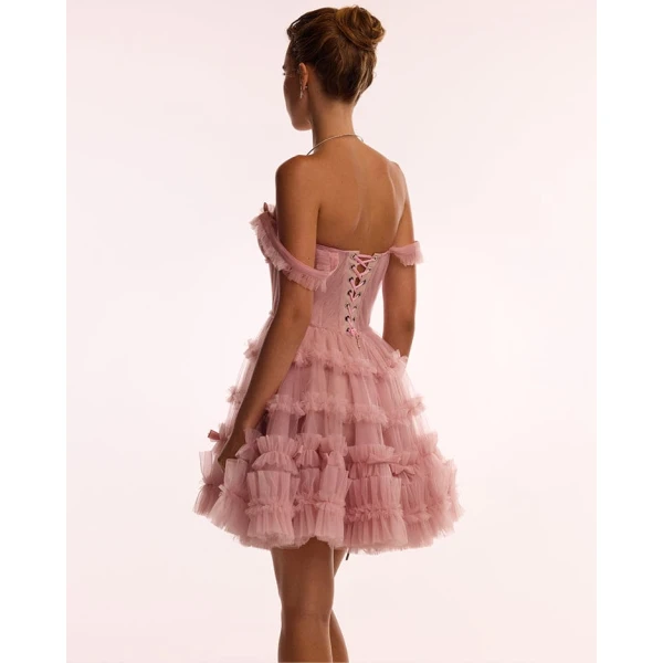 Milla Flirty ruffled tulle mini dress in misty rose, Glow-Up, view 2
