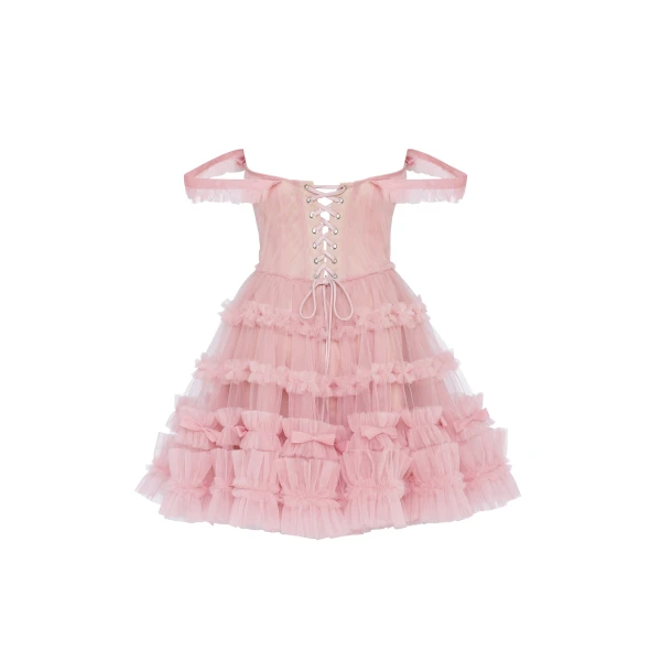 Milla Flirty ruffled tulle mini dress in misty rose, Glow-Up, view 3