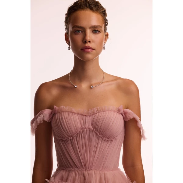 Milla Flirty ruffled tulle mini dress in misty rose, Glow-Up, view 4