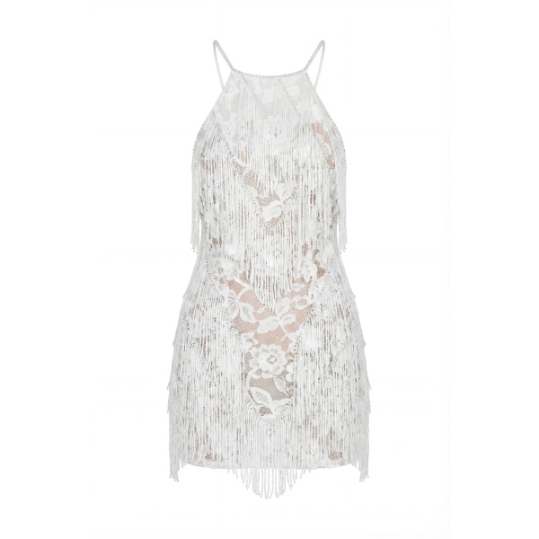 Milla Ivory Lace Mini Dress with Beaded Fringe