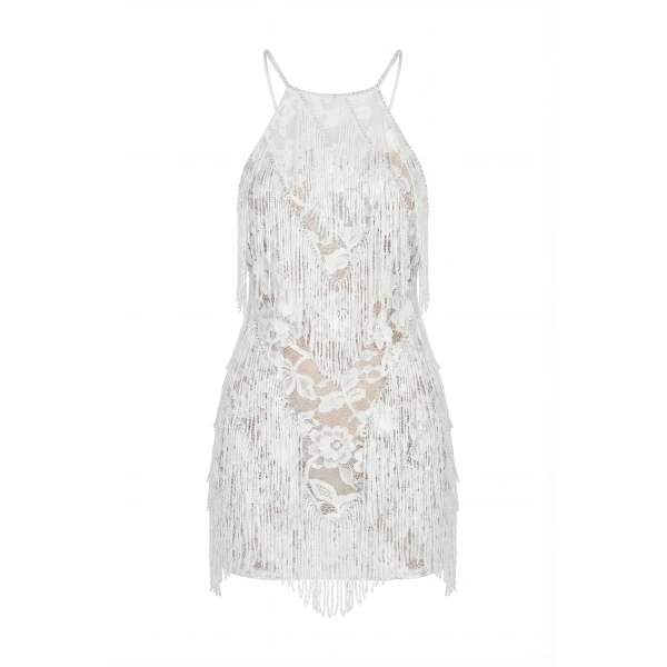 Milla Ivory Lace Mini Dress with Beaded Fringe