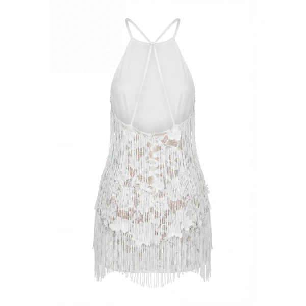 Milla Ivory Lace Mini Dress with Beaded Fringe, view 3