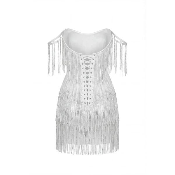 Milla Ivory Mini Dress with Silver Fringe, view 3