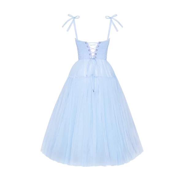 Milla Light Blue tie-straps tulle dress, view 2