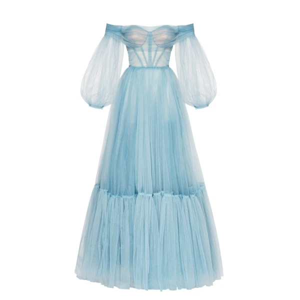 Ocean Wave Sheer Sleeves Maxi Tulle Dress