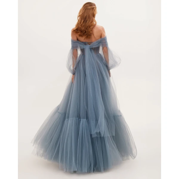 Milla Ocean Wave Sheer Sleeves Maxi Tulle Dress, view 2