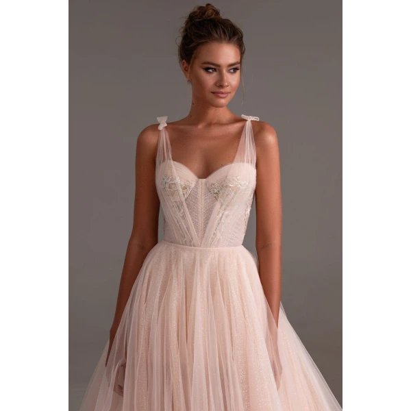 Milla Peach Multi-Layered Tulle Gown, view 2