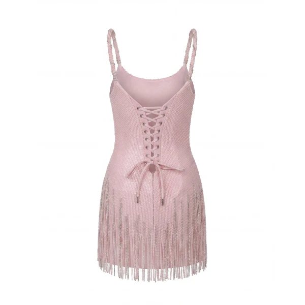 Milla Pink Mini Dress with Fringe and Crystals, view 3