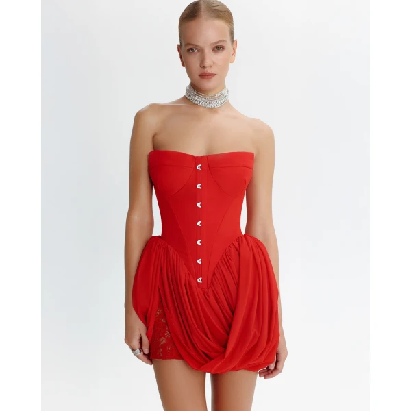 Milla Red corset mini dress with draped skirt, view 4