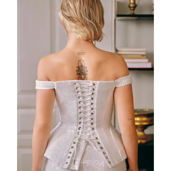 Milla Satin Ivory Corset with Sequins Top, view 2