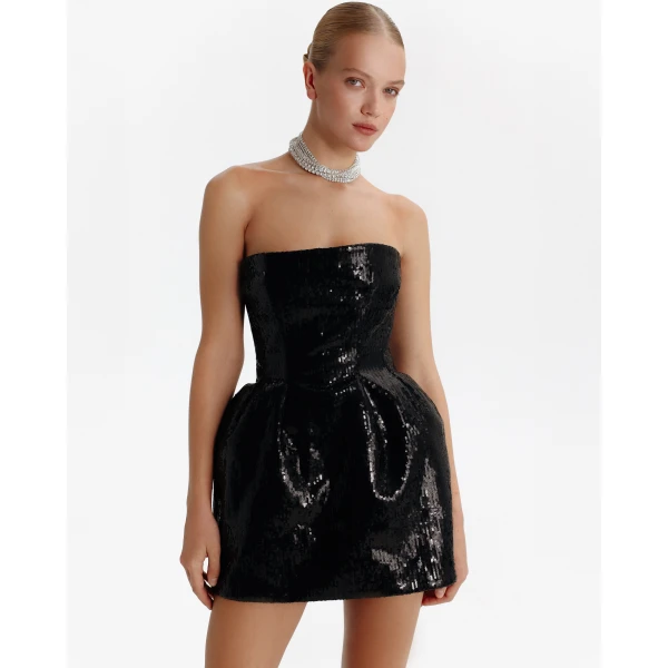 Milla Sculpted black shiny mini dress, view 4